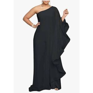 One-Shoulder Black Draped Jumpsuit with Flowing Maxi Overlay Size XXL